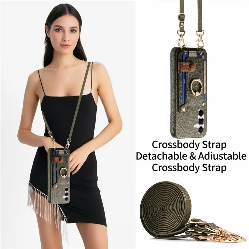 Capa para Samsung Galaxy A55 5G com Suporte para Cartão, Anel, Suporte e Alça de Ombro - Verde Meia-Noite