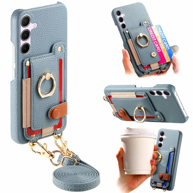 For Samsung Galaxy A55 5G Case Card Holder Ring Kickstand Leather + PC Phone Cover with Shoulder Strap - Sky Blue