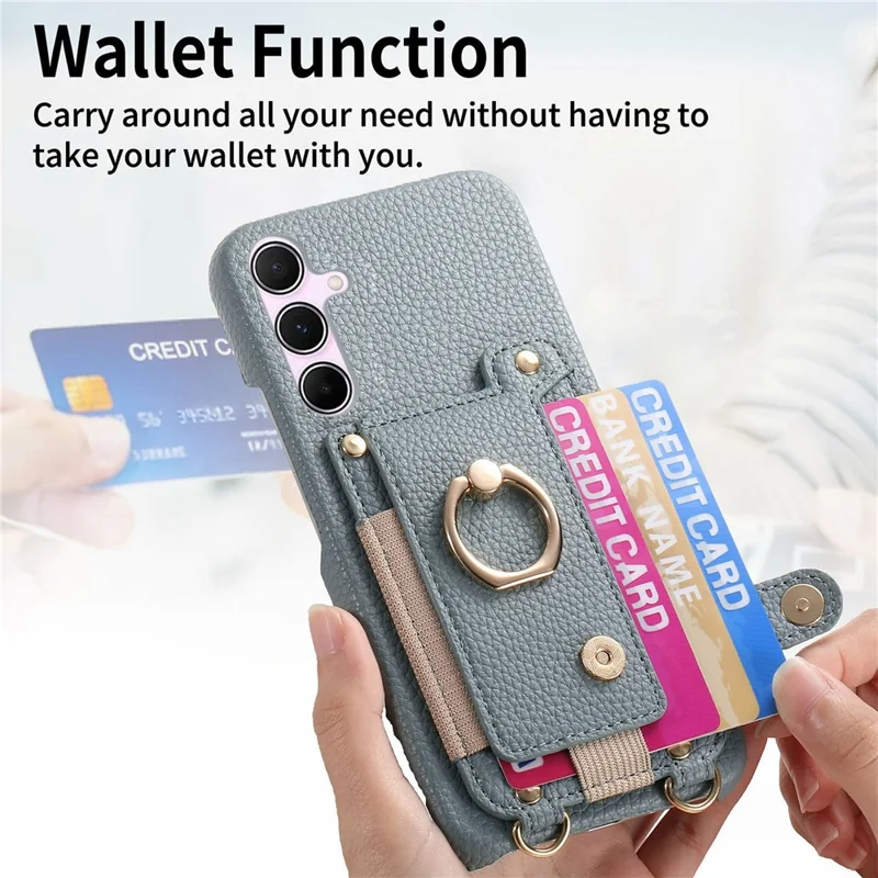 For Samsung Galaxy A55 5G Case Card Holder Ring Kickstand Leather + PC Phone Cover with Shoulder Strap - Sky Blue
