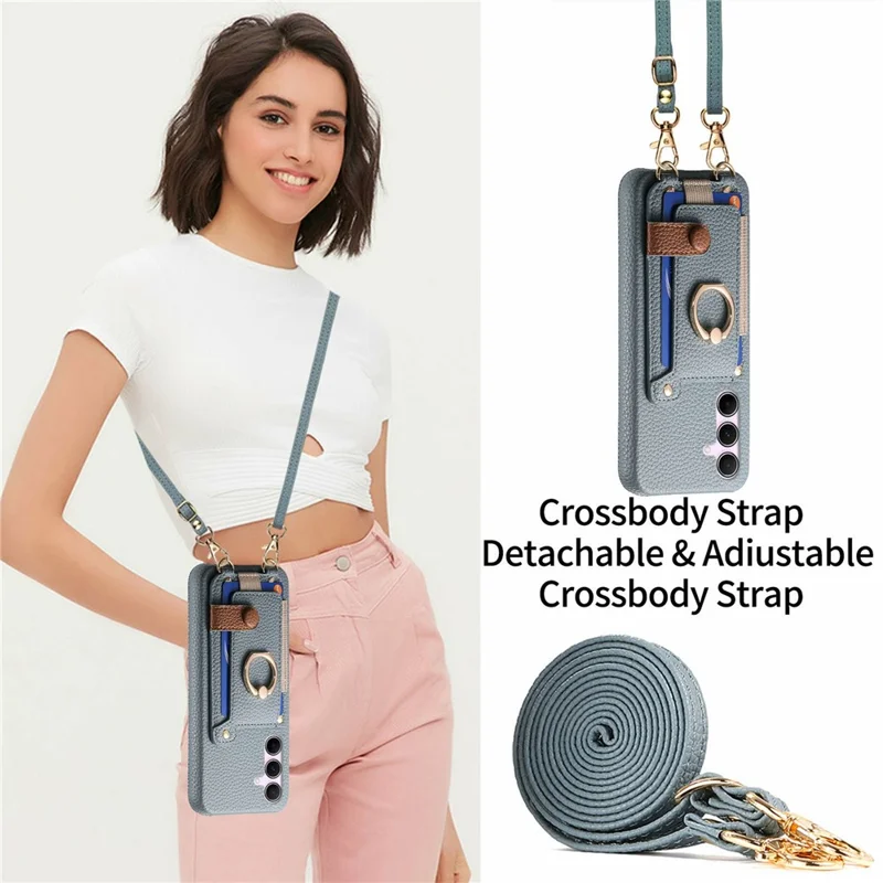 For Samsung Galaxy A55 5G Case Card Holder Ring Kickstand Leather + PC Phone Cover with Shoulder Strap - Sky Blue