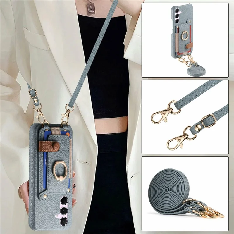 For Samsung Galaxy A55 5G Case Card Holder Ring Kickstand Leather + PC Phone Cover with Shoulder Strap - Sky Blue