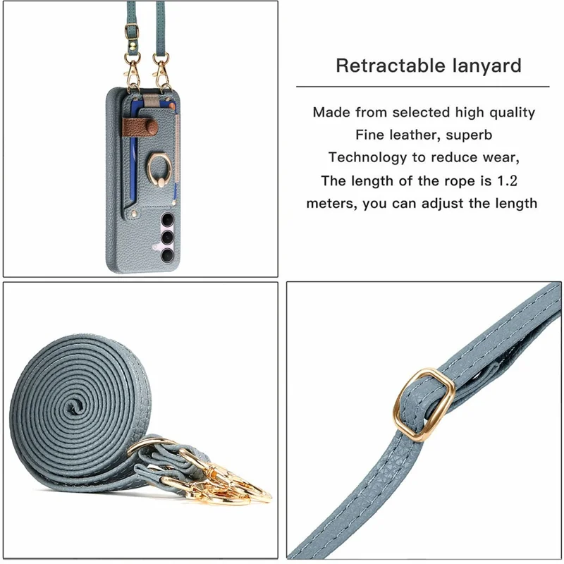 For Samsung Galaxy A55 5G Case Card Holder Ring Kickstand Leather + PC Phone Cover with Shoulder Strap - Sky Blue