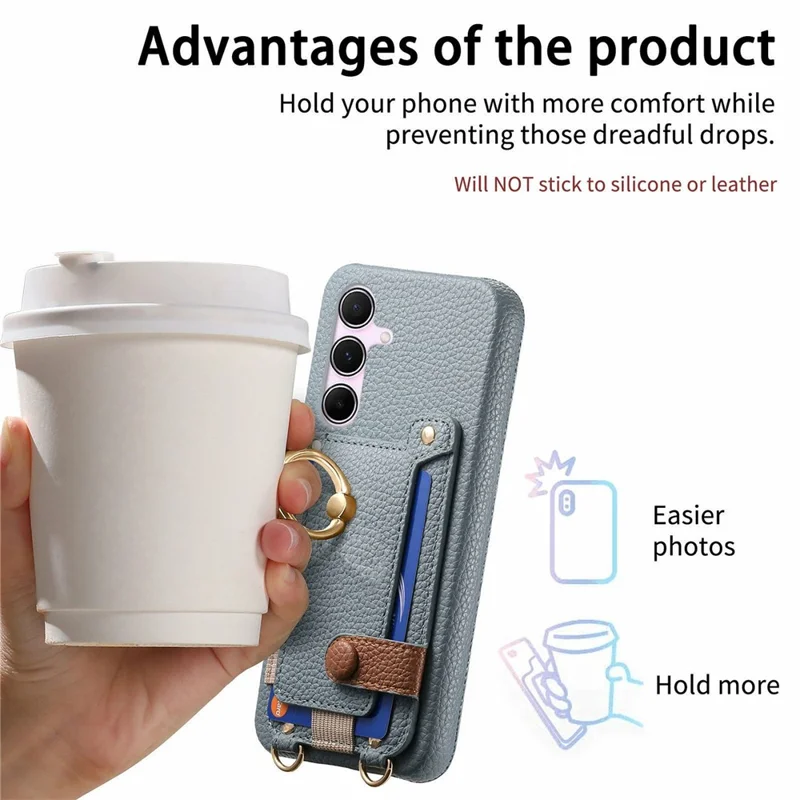 For Samsung Galaxy A55 5G Case Card Holder Ring Kickstand Leather + PC Phone Cover with Shoulder Strap - Sky Blue