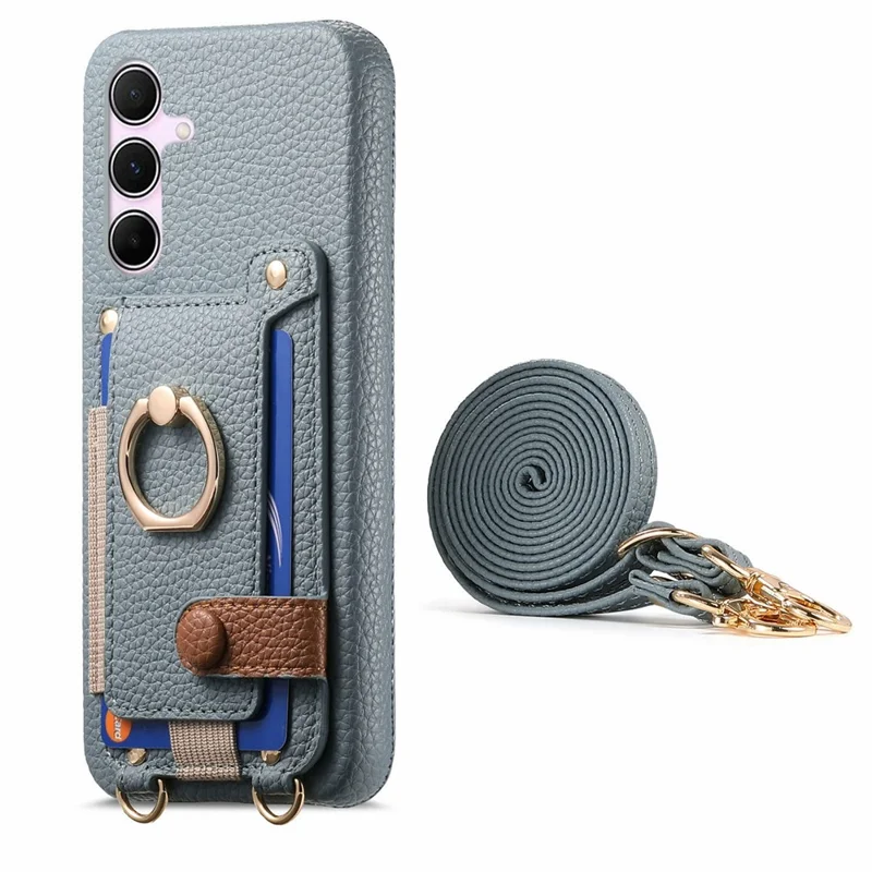 For Samsung Galaxy A55 5G Case Card Holder Ring Kickstand Leather + PC Phone Cover with Shoulder Strap - Sky Blue