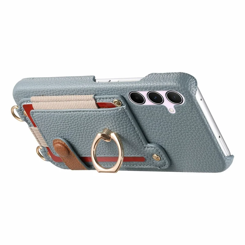 For Samsung Galaxy A55 5G Case Card Holder Ring Kickstand Leather + PC Phone Cover with Shoulder Strap - Sky Blue
