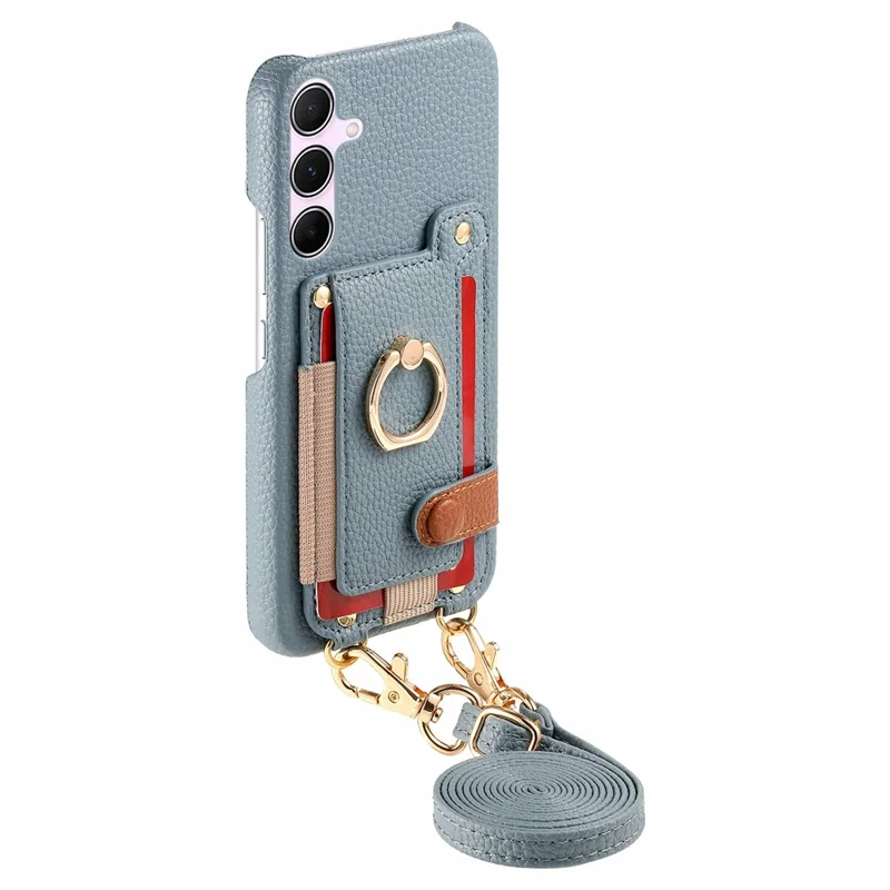 For Samsung Galaxy A55 5G Case Card Holder Ring Kickstand Leather + PC Phone Cover with Shoulder Strap - Sky Blue
