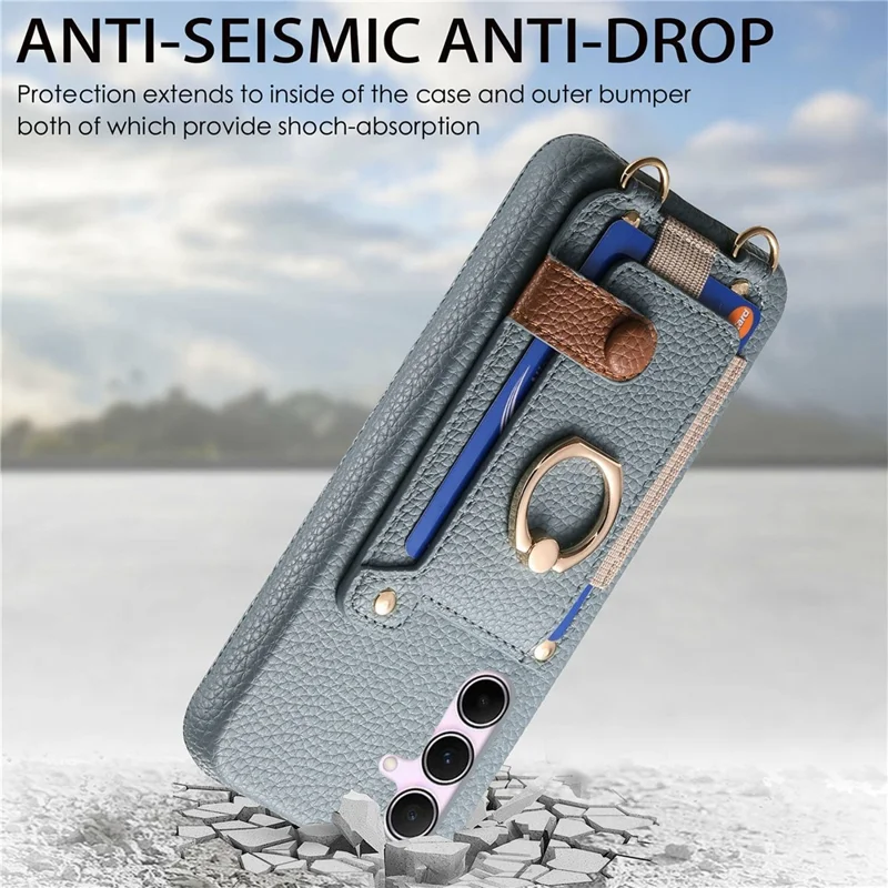 For Samsung Galaxy A55 5G Case Card Holder Ring Kickstand Leather + PC Phone Cover with Shoulder Strap - Sky Blue