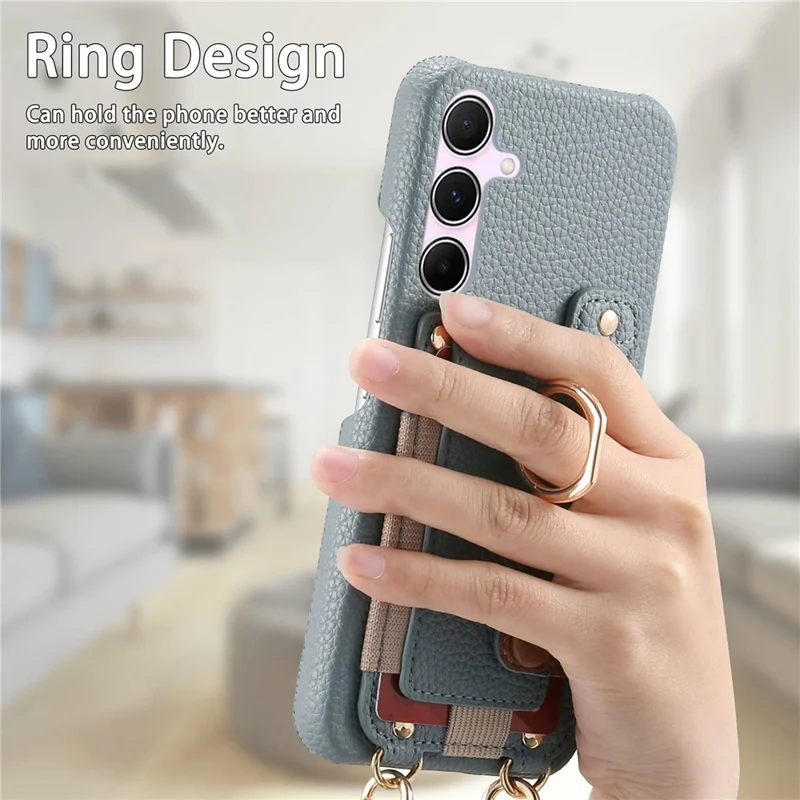 For Samsung Galaxy A55 5G Case Card Holder Ring Kickstand Leather + PC Phone Cover with Shoulder Strap - Sky Blue