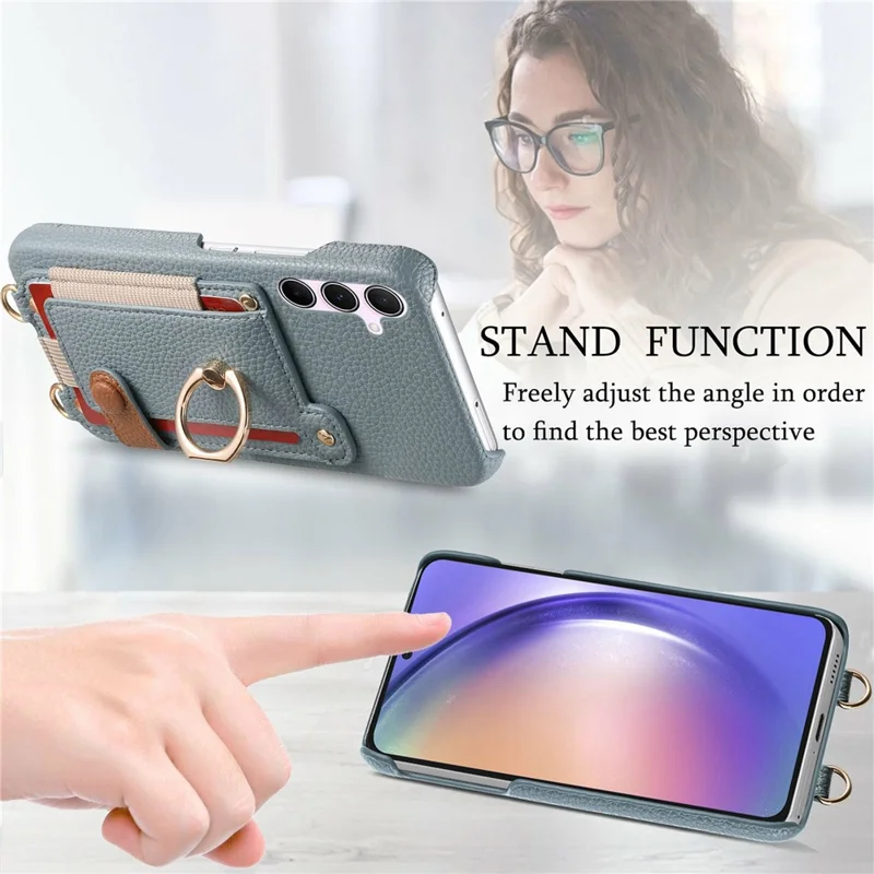 For Samsung Galaxy A55 5G Case Card Holder Ring Kickstand Leather + PC Phone Cover with Shoulder Strap - Sky Blue