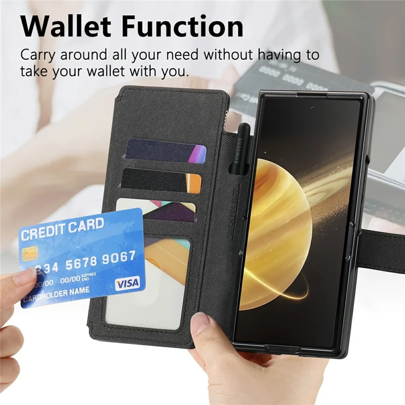 For Honor Magic V3 5G Magnetic Case Detachable Wallet Stand Cloth Texture PU Leather Foldable Screen Phone Cover - Black