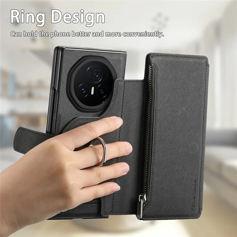 For Honor Magic V3 5G Magnetic Case Detachable Wallet Stand Cloth Texture PU Leather Foldable Screen Phone Cover - Black