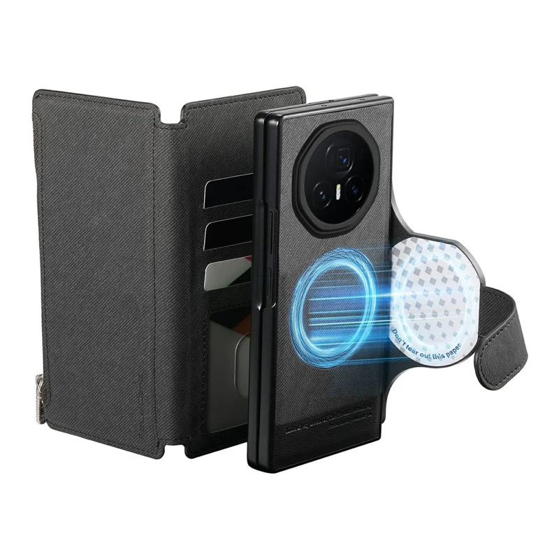 For Honor Magic V3 5G Magnetic Case Detachable Wallet Stand Cloth Texture PU Leather Foldable Screen Phone Cover - Black