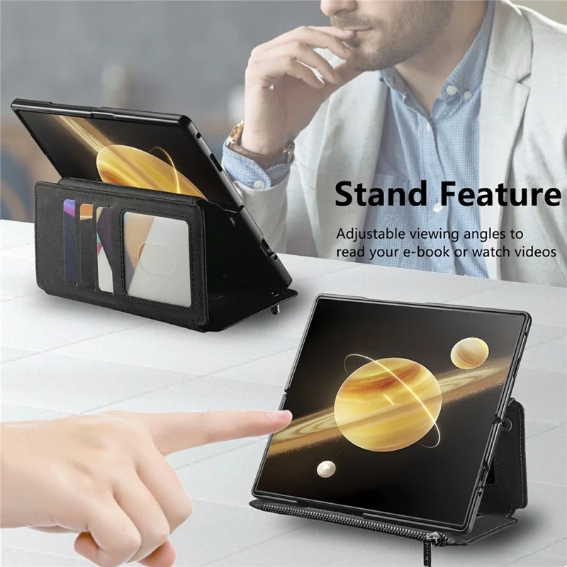 For Honor Magic V3 5G Magnetic Case Detachable Wallet Stand Cloth Texture PU Leather Foldable Screen Phone Cover - Black