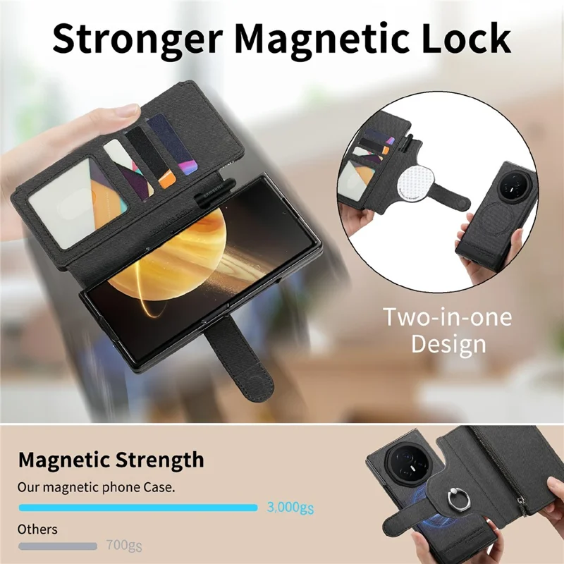 For Honor Magic V3 5G Magnetic Case Detachable Wallet Stand Cloth Texture PU Leather Foldable Screen Phone Cover - Black