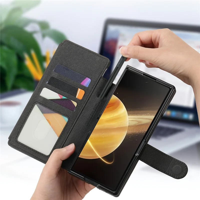 For Honor Magic V3 5G Magnetic Case Detachable Wallet Stand Cloth Texture PU Leather Foldable Screen Phone Cover - Black