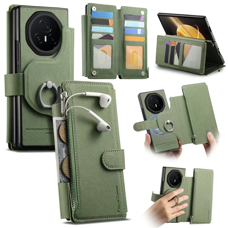 For Honor Magic V3 5G Magnetic Case Detachable Wallet Stand Cloth Texture PU Leather Foldable Screen Phone Cover - Green