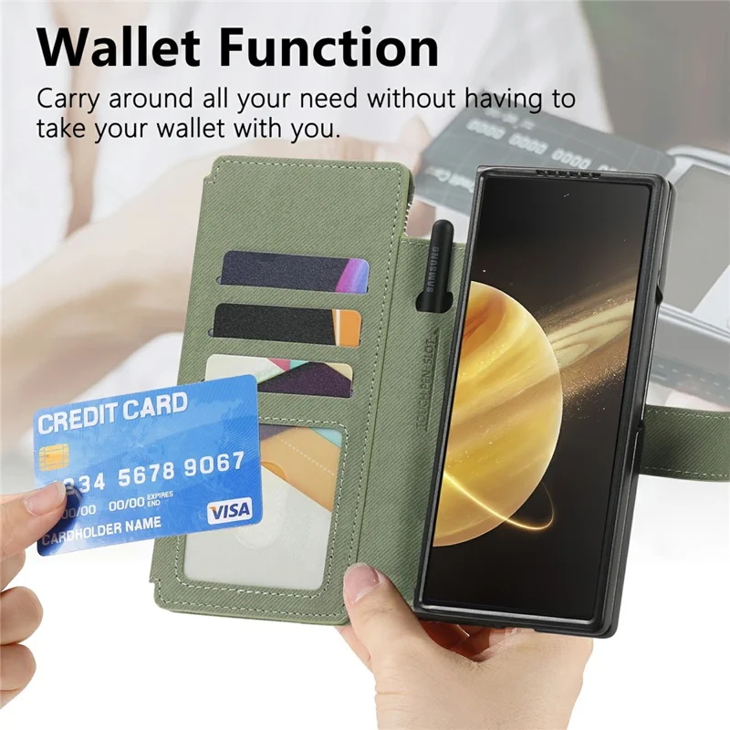 For Honor Magic V3 5G Magnetic Case Detachable Wallet Stand Cloth Texture PU Leather Foldable Screen Phone Cover - Green