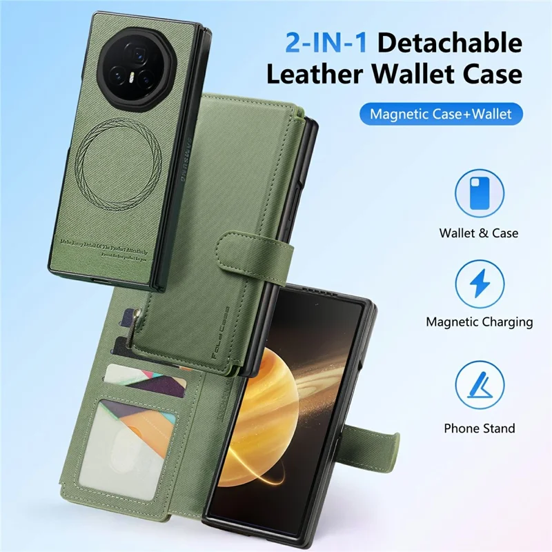 For Honor Magic V3 5G Magnetic Case Detachable Wallet Stand Cloth Texture PU Leather Foldable Screen Phone Cover - Green