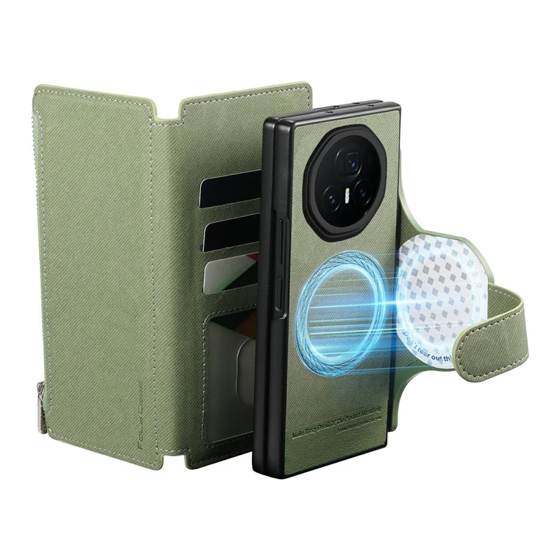 For Honor Magic V3 5G Magnetic Case Detachable Wallet Stand Cloth Texture PU Leather Foldable Screen Phone Cover - Green