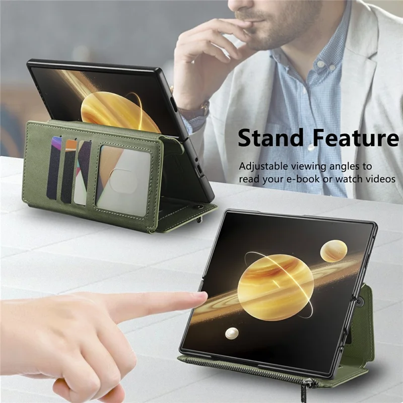 For Honor Magic V3 5G Magnetic Case Detachable Wallet Stand Cloth Texture PU Leather Foldable Screen Phone Cover - Green