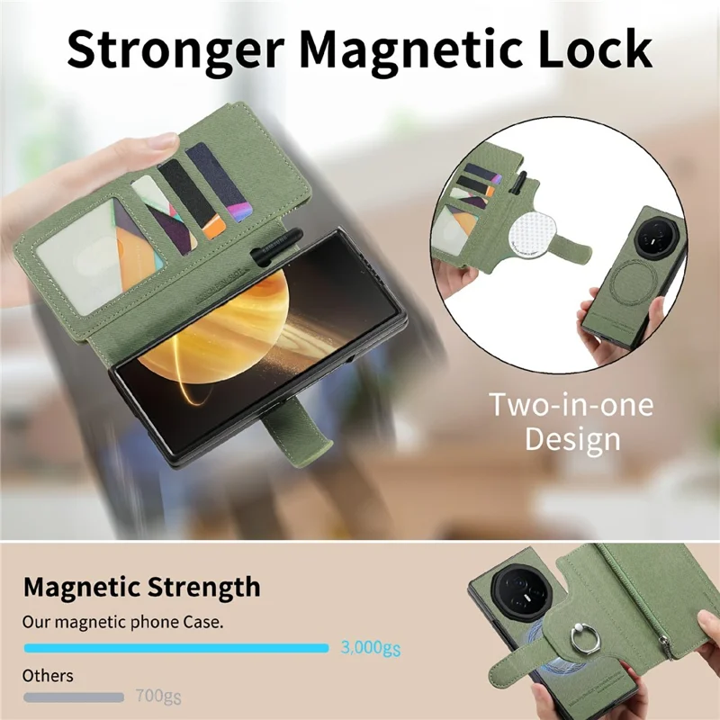 For Honor Magic V3 5G Magnetic Case Detachable Wallet Stand Cloth Texture PU Leather Foldable Screen Phone Cover - Green