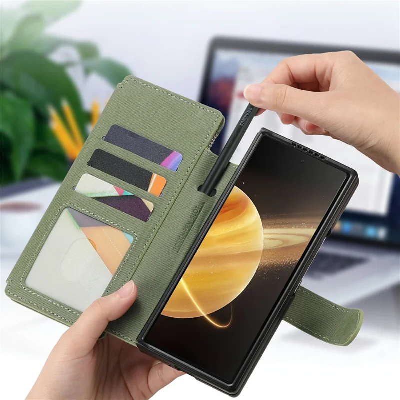 For Honor Magic V3 5G Magnetic Case Detachable Wallet Stand Cloth Texture PU Leather Foldable Screen Phone Cover - Green