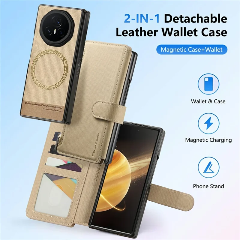 Per Honor Magic V3 5G Custodia Magnetica Staccabile Portafoglio Stand Texture in Tessuto Pelle PU Pieghevole Custodia per Schermo del Telefono - Kaki