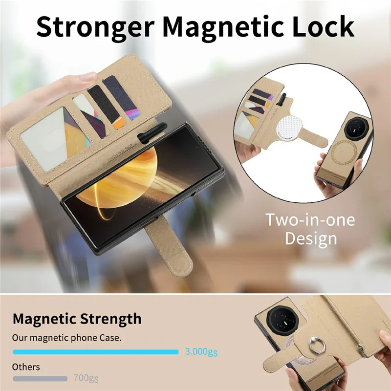 Per Honor Magic V3 5G Custodia Magnetica Staccabile Portafoglio Stand Texture in Tessuto Pelle PU Pieghevole Custodia per Schermo del Telefono - Kaki