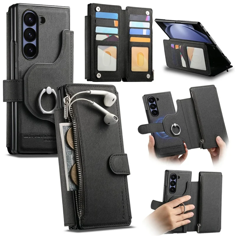 For Samsung Galaxy Z Fold5 5G Magnetic Case Detachable Wallet Stand Cloth Texture PU Leather Foldable Screen Phone Cover - Black