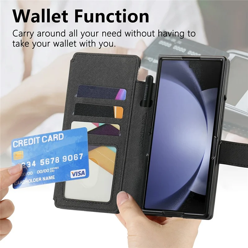 For Samsung Galaxy Z Fold5 5G Magnetic Case Detachable Wallet Stand Cloth Texture PU Leather Foldable Screen Phone Cover - Black