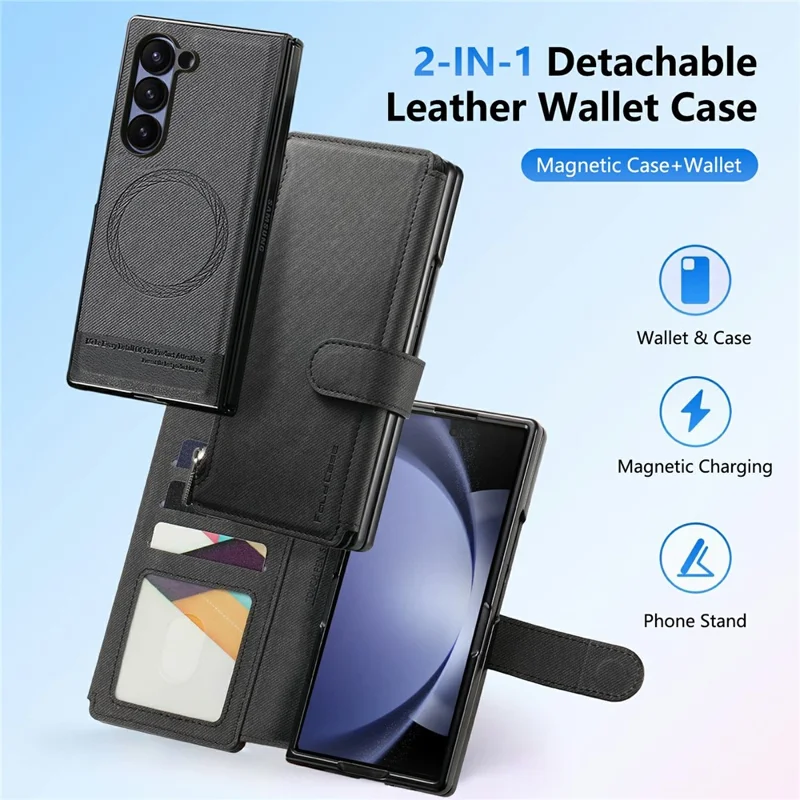 For Samsung Galaxy Z Fold5 5G Magnetic Case Detachable Wallet Stand Cloth Texture PU Leather Foldable Screen Phone Cover - Black
