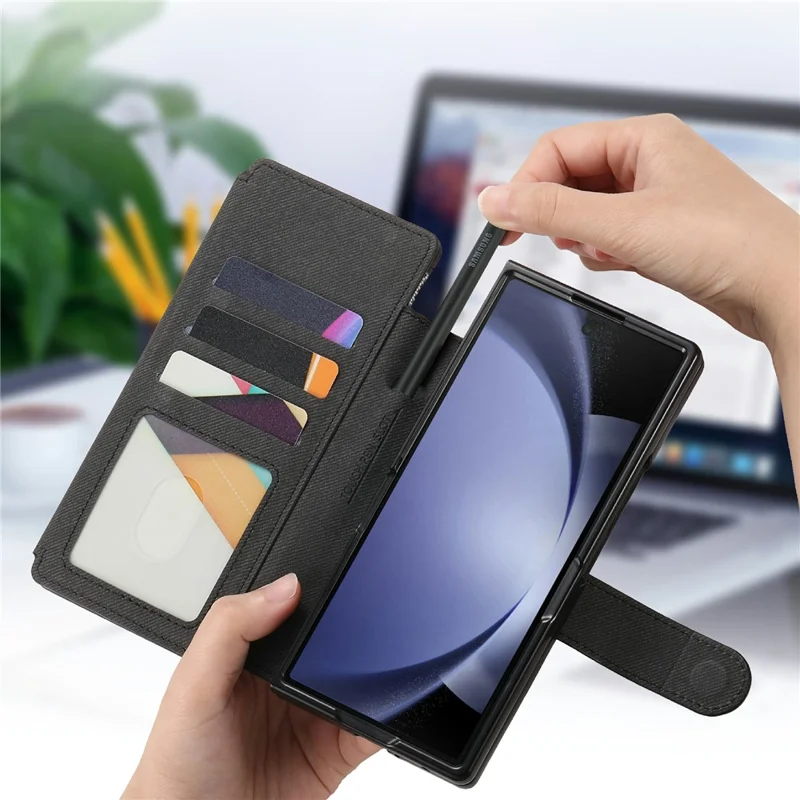 For Samsung Galaxy Z Fold5 5G Magnetic Case Detachable Wallet Stand Cloth Texture PU Leather Foldable Screen Phone Cover - Black