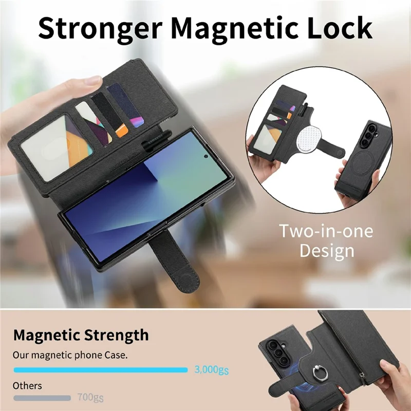 Cover per Samsung Galaxy Z Fold7 5G con Custodia Magnetica Portafoglio Staccabile Supporto Texture Tessuto in Pelle PU Pieghevole - Nero