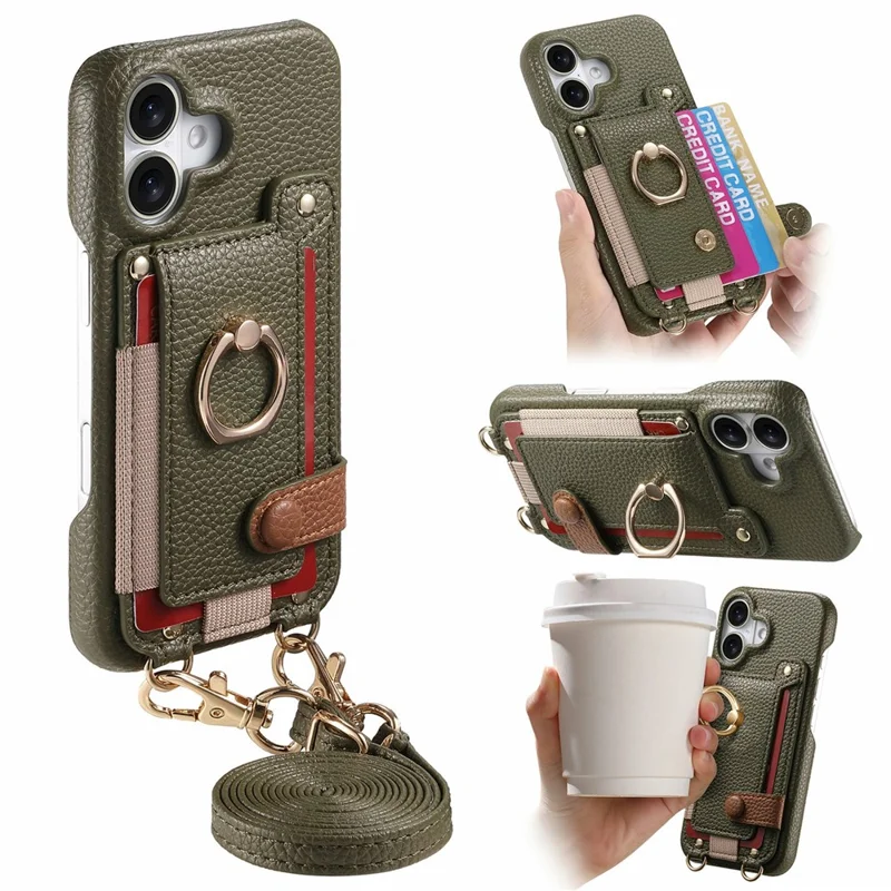 iPhone 17 Hülle Kartenhalter Ring Ständer Leder + PC Handyhülle mit Schultergurt - Mitternachtsgrün