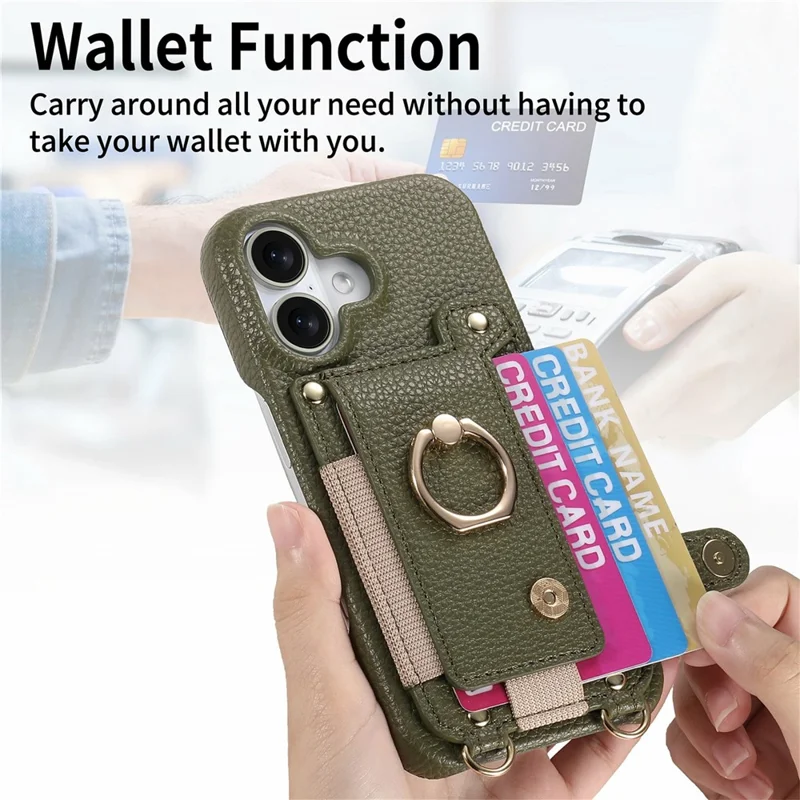 iPhone 17 Hülle Kartenhalter Ring Ständer Leder + PC Handyhülle mit Schultergurt - Mitternachtsgrün
