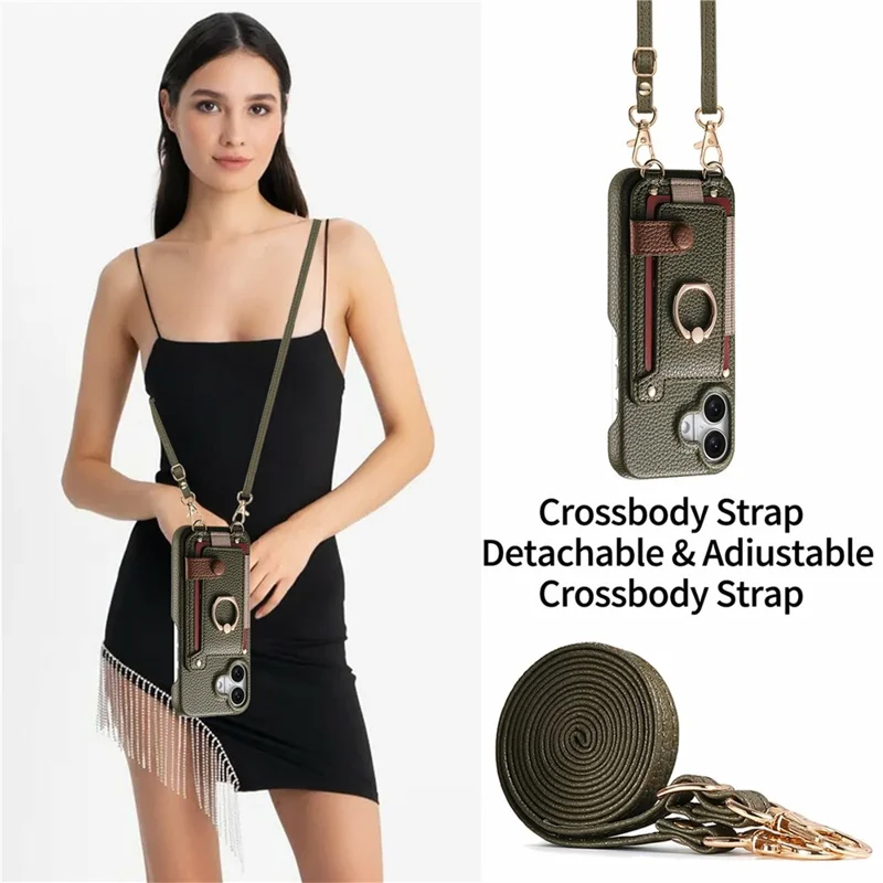 iPhone 17 Hülle Kartenhalter Ring Ständer Leder + PC Handyhülle mit Schultergurt - Mitternachtsgrün