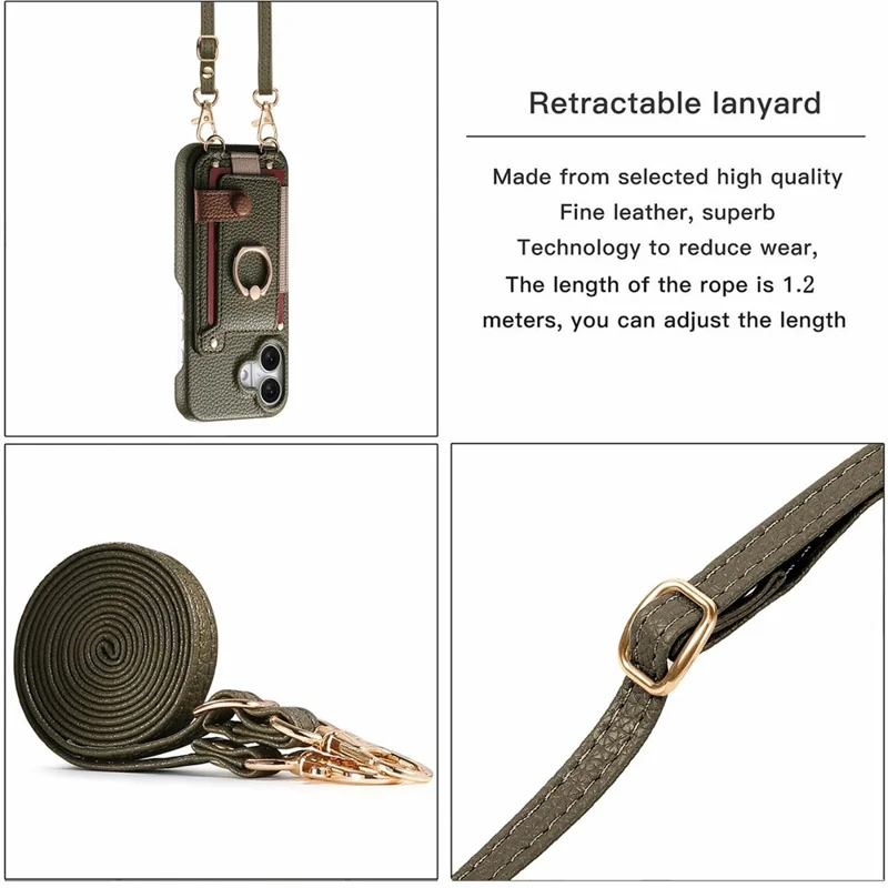 iPhone 17 Hülle Kartenhalter Ring Ständer Leder + PC Handyhülle mit Schultergurt - Mitternachtsgrün