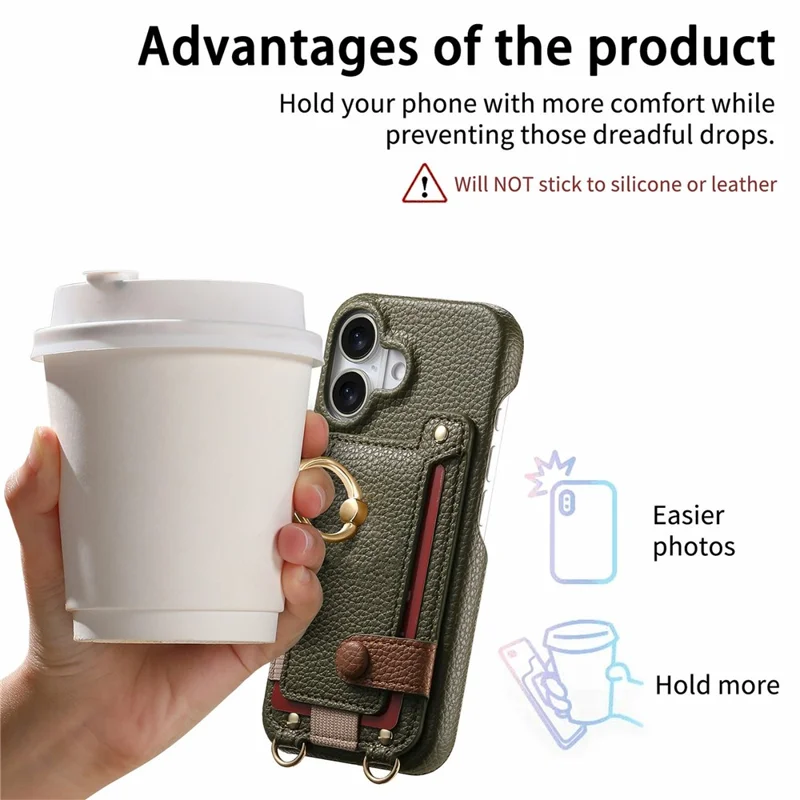 iPhone 17 Hülle Kartenhalter Ring Ständer Leder + PC Handyhülle mit Schultergurt - Mitternachtsgrün