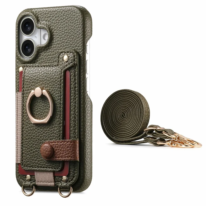 iPhone 17 Hülle Kartenhalter Ring Ständer Leder + PC Handyhülle mit Schultergurt - Mitternachtsgrün