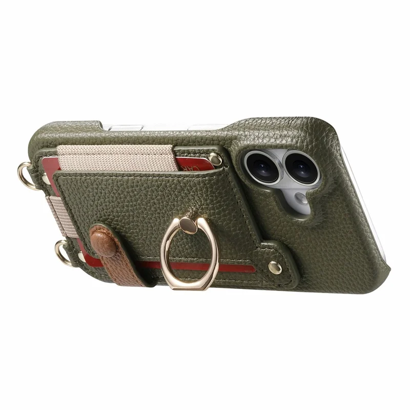 iPhone 17 Hülle Kartenhalter Ring Ständer Leder + PC Handyhülle mit Schultergurt - Mitternachtsgrün