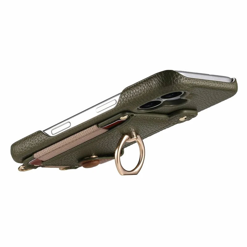 iPhone 17 Hülle Kartenhalter Ring Ständer Leder + PC Handyhülle mit Schultergurt - Mitternachtsgrün