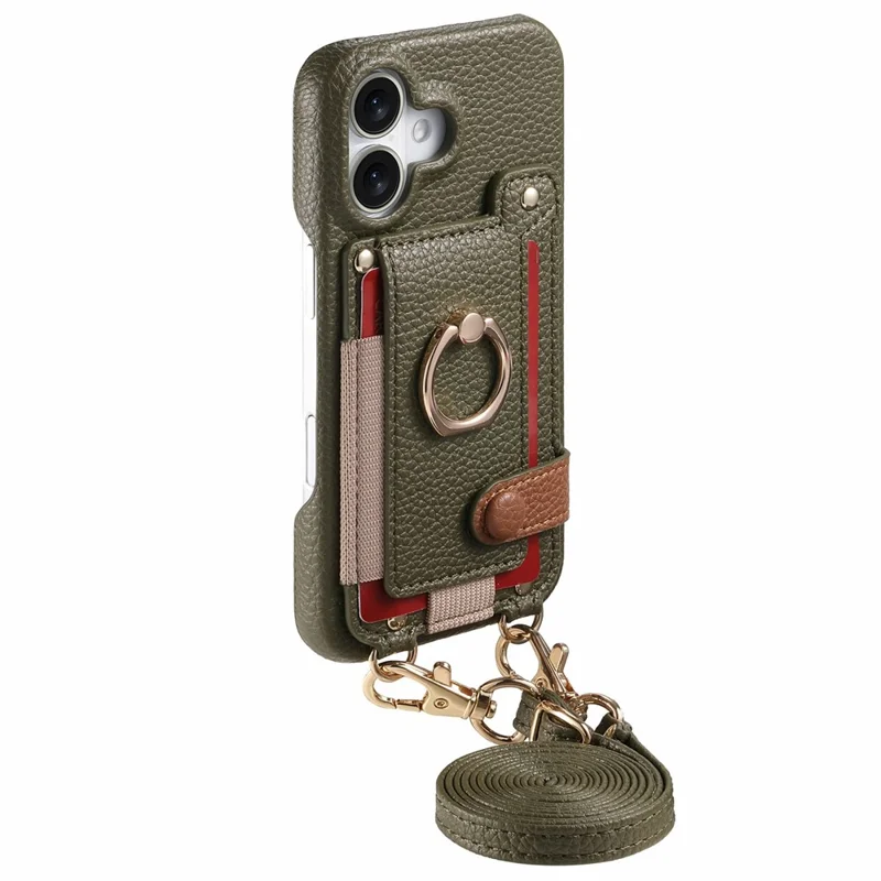 iPhone 17 Hülle Kartenhalter Ring Ständer Leder + PC Handyhülle mit Schultergurt - Mitternachtsgrün