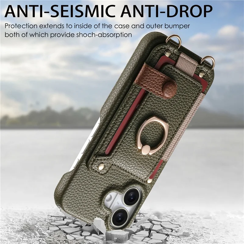 iPhone 17 Hülle Kartenhalter Ring Ständer Leder + PC Handyhülle mit Schultergurt - Mitternachtsgrün