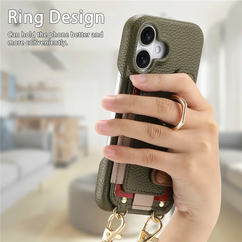 iPhone 17 Hülle Kartenhalter Ring Ständer Leder + PC Handyhülle mit Schultergurt - Mitternachtsgrün