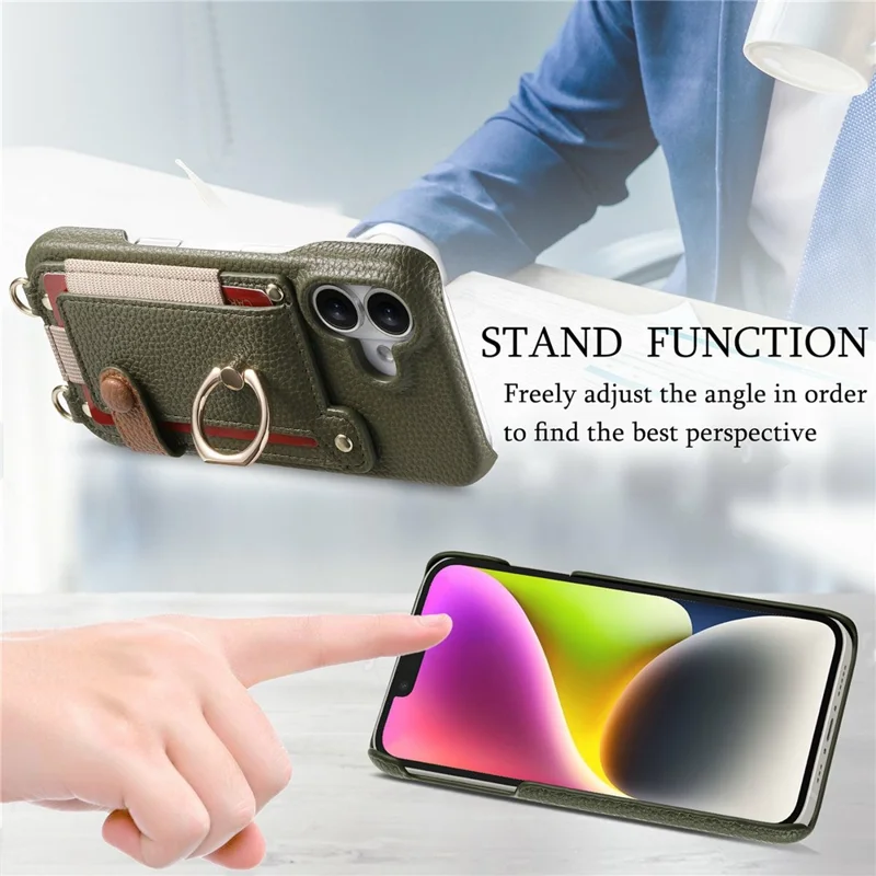 iPhone 17 Hülle Kartenhalter Ring Ständer Leder + PC Handyhülle mit Schultergurt - Mitternachtsgrün