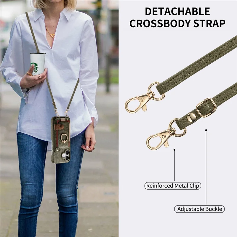 iPhone 17 Hülle Kartenhalter Ring Ständer Leder + PC Handyhülle mit Schultergurt - Mitternachtsgrün