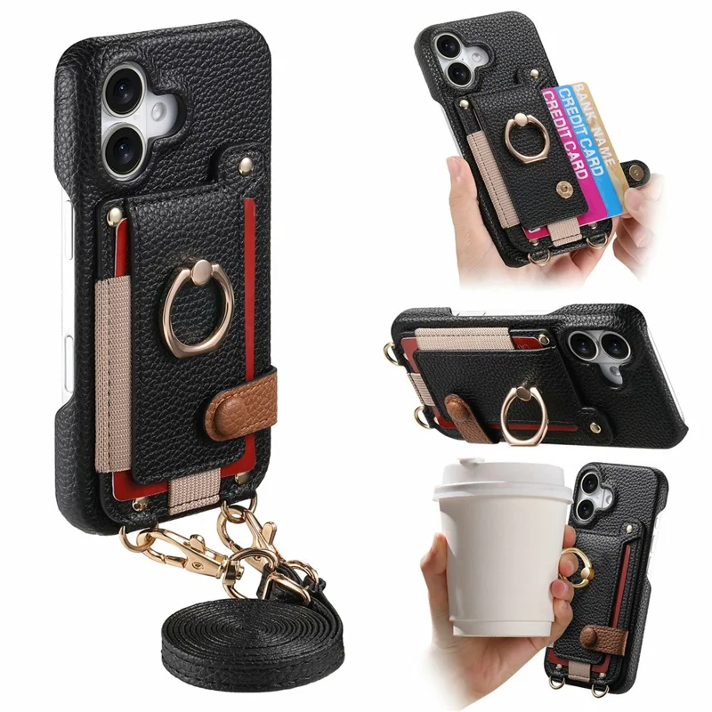 For iPhone 17 Case Card Holder Ring Kickstand Leather + PC Phone Cover with Shoulder Strap - Black