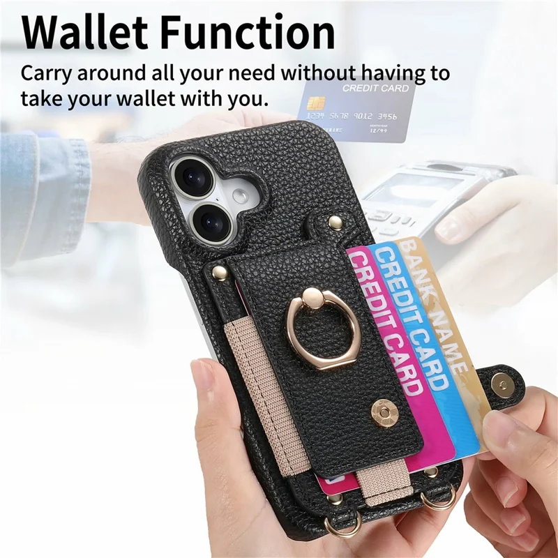 For iPhone 17 Case Card Holder Ring Kickstand Leather + PC Phone Cover with Shoulder Strap - Black