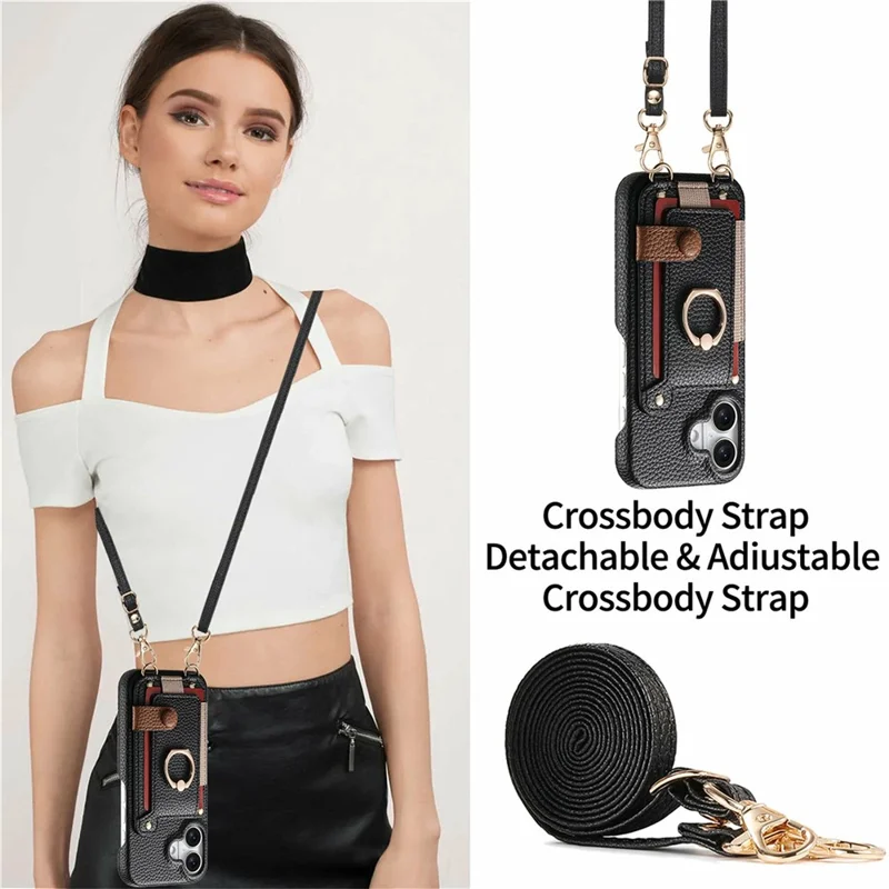 For iPhone 17 Case Card Holder Ring Kickstand Leather + PC Phone Cover with Shoulder Strap - Black