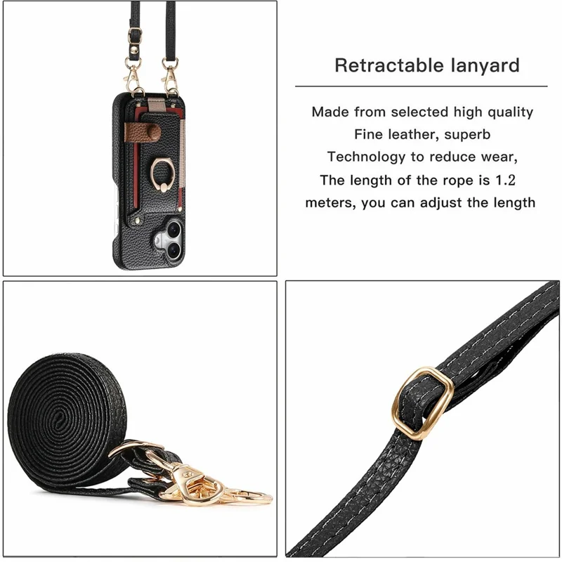 For iPhone 17 Case Card Holder Ring Kickstand Leather + PC Phone Cover with Shoulder Strap - Black